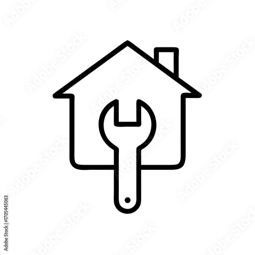 Minimal line art icon of house with wrench for home repair
