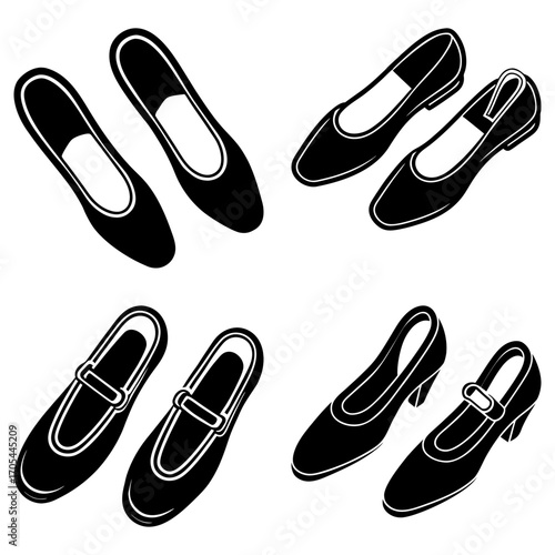 Illustration showing four pairs of black women's shoes with varying styles on a white background image