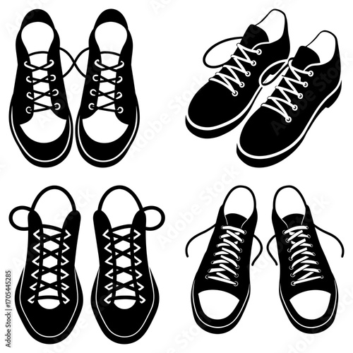 Four pairs of black and white sneakers with laces in different arrangements and perspectives shown