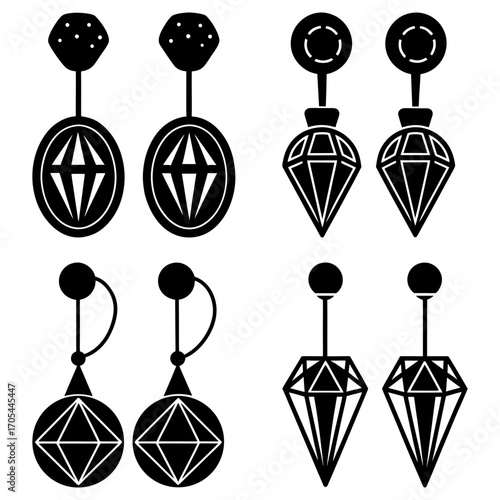 Collection of four pairs of black earrings with different geometric shapes and hanging diamond designs