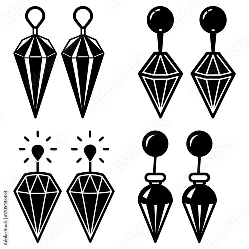 Illustration of four pairs of diamond shaped earrings in black and white vector format design view