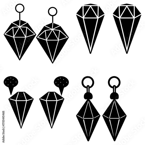Illustration of various diamond shapes and diamond earrings in black and white vector format image