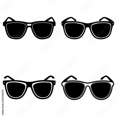 Illustration showing four pairs of sunglasses with black lenses and frames in a symmetrical arrangement