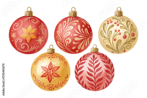 Watercolor Christmas Ornament Balls in Red and Gold vector illustration