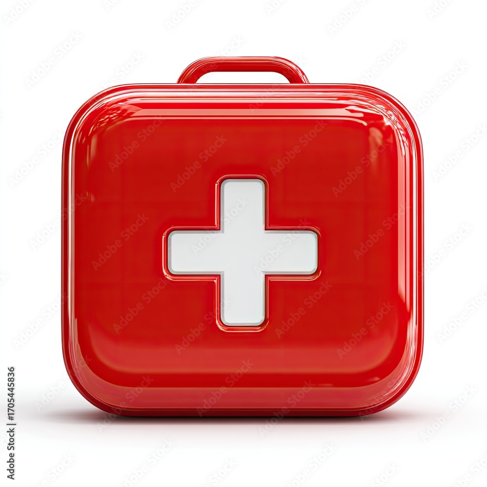 Obraz premium Glossy red rectangular first-aid kit with a prominent white cross