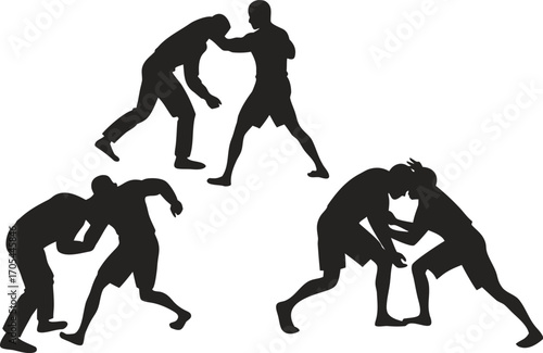 Jiu-jitsu and judo wrestlers vector silhouettes