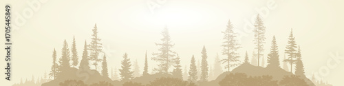 Forest in the morning mist, sepia tones, minimalistic landscape, vector illustration, panoramic view