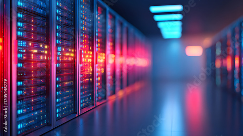 with futuristic data a A rows in servers illuminated advanced vibrant red lights, blue and showcasing by technology of center sleek environment. 95266074 1