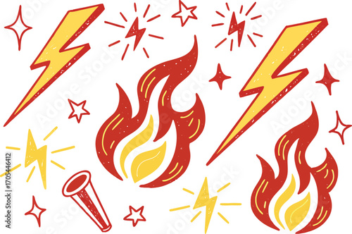 A vibrant vector set of hot fire flames, icons, and illustrations
