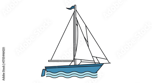 Blue Sailboat on Wavy Water.
