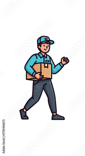 Delivery man carrying a package with a smile.