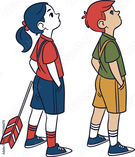 Fun vector art of a boy and girl, a man and a woman in red, depicting a loving family illustration