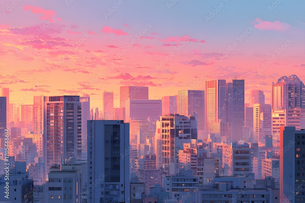 Obraz premium Vibrant city skyline at sunset with glowing pastel sky