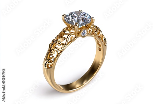 Elegant gold ring with intricate filigree and large diamond