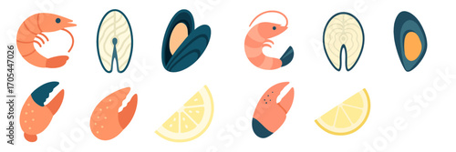 Fresh seafood assortment with shrimp, mussels, fish steak, crab claws, and lemon slices on white background
