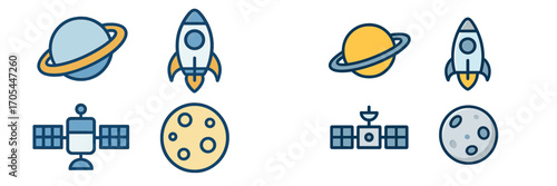 Colorful space exploration icons set with planets, rockets, satellites, and moon for cosmic adventure designs