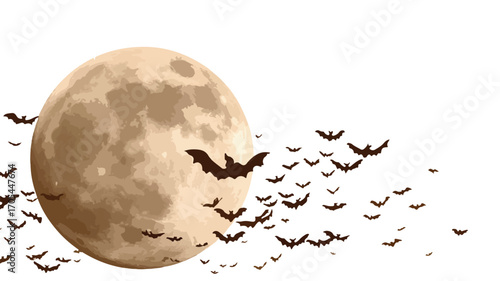 Eerie full moon with bats flying in the night sky
