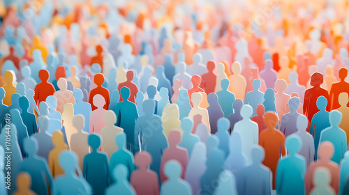 Abstract illustration of many people from different cultures and backgrounds gathered together, symbolizing human diversity, community, inclusion, and multicultural unity in modern design