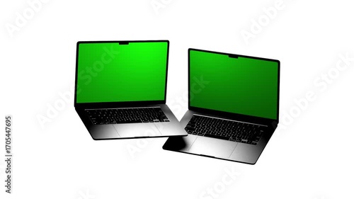 Realistic Dual Laptop Green Screen Animation Isolated on White Background Chroma Key