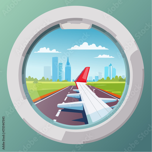 Airplane and airport. Vector illustration of a porthole with an airplane wing
