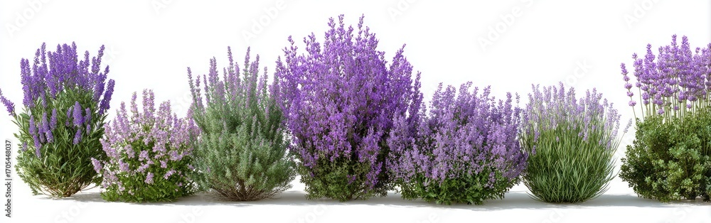 Fototapeta premium Lavender bushes in a horizontal row against a white background (1)