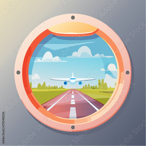 Airplane and airport. Vector illustration of a porthole with an airplane wing