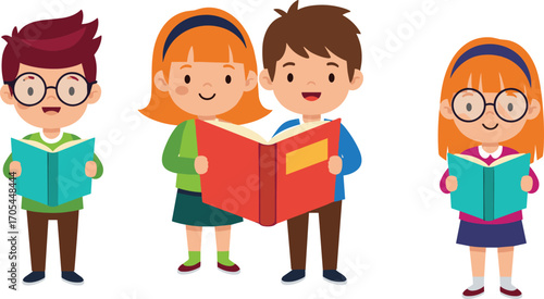 Cartoon children reading books together, diverse kids enjoying education, school library scene, colorful learning illustration for literacy and classroom themes