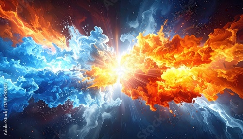 Dynamic Digital Art Depicting Orange and Blue Clouds Colliding with a Central Burst of Light and Abstract Particles on Dark Background