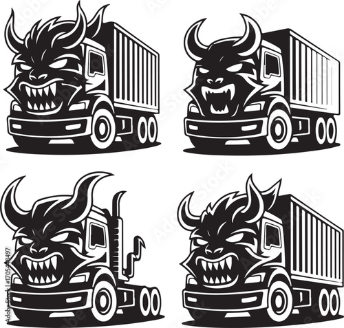 Four Black and White Monster Truck Illustrations with Horns and Fangs vehicle transportation