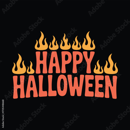 Fiery happy halloween typography with flickering flames and bold orange red text