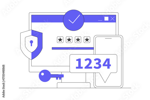 Two-step verification concept to protect personal data. User authorization, login authentication and information protection. Flat Cartoon Vector Illustration, icon Stylish abstract design landing page