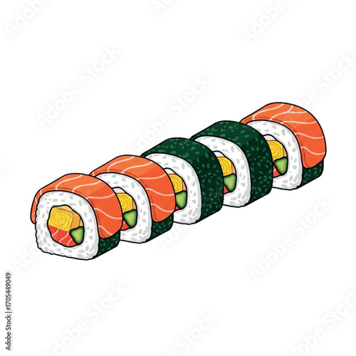 Delicious Salmon Sushi Rolls with Avocado and Mango.