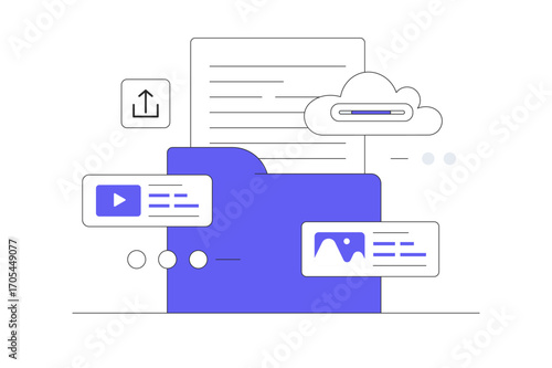 Cloud service concept. Data storage. Files uploaded to cloud storage. Uploading files, storage and processing of scene data sets. Flat Cartoon Vector Illustration, icon Stylish abstract design landing