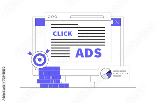 Pay per click concept for websites. Advertising on the internet, clicking ads, pay per click system. PPC advertising strategies, clicking ads and more. Flat Cartoon Vector Illustration, icon Stylish 