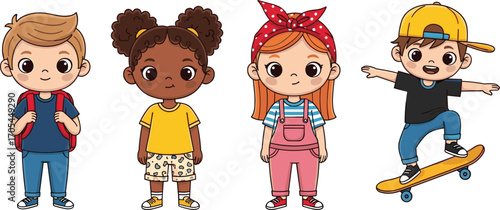 Diverse cartoon children standing together in playful outfits, showcasing multicultural friendship, fashion, and activity for educational and lifestyle design use.