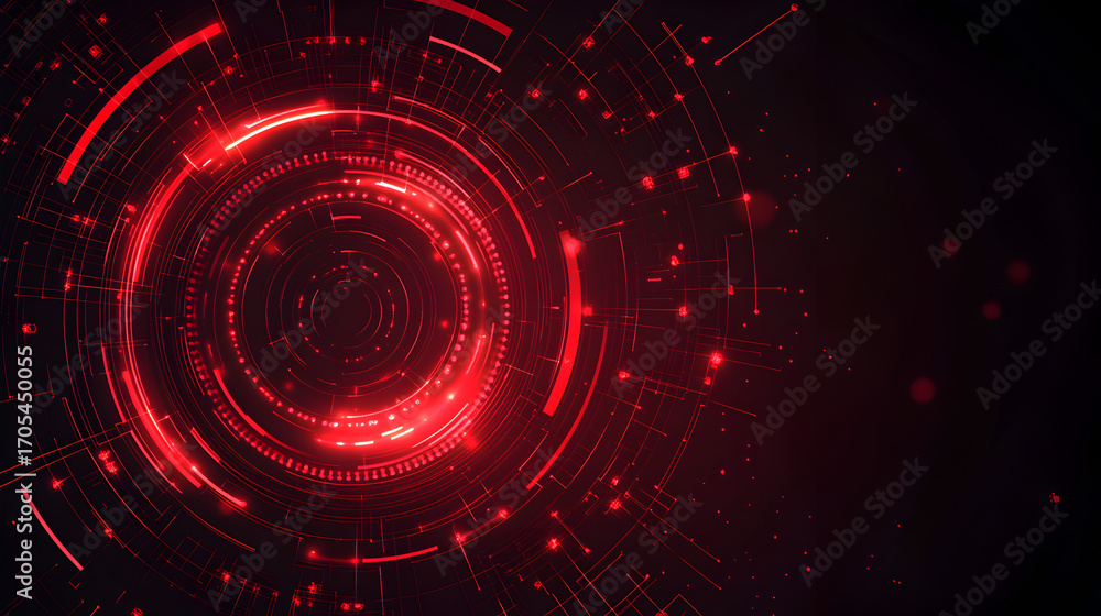 Obraz premium Red glowing circular pattern on black background, abstract digital technology vector design perfect for presentation templates, banners, and futuristic business or science layouts