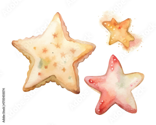 Watercolor Christmas Cookies in Star and Gingerbread Shapes