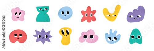 Cute abstract characters set. Funny colorful geometric shapes with faces, smiles and emotions. Creative design for kids. Illustration isolated on white background.