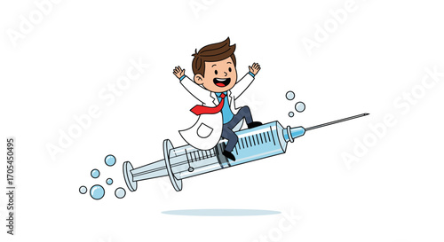 Doctor riding a syringe like a rocket ship celebrating success.