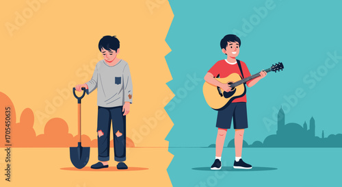 Boy with shovel and boy playing guitar split screen.