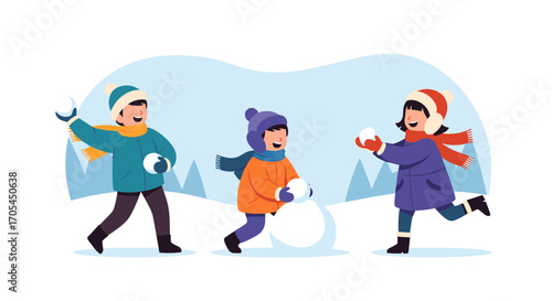 Children Playing Snowball Fight in Winter Wonderland.