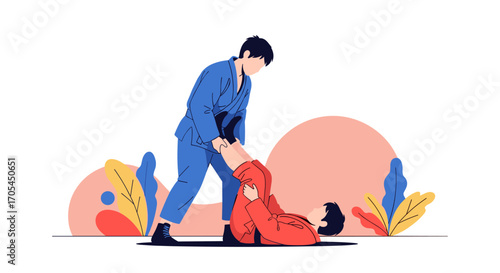 Man in blue suit helping woman in red outfit up from ground.