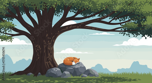 A cute fox sleeps peacefully under a large tree on a rock.