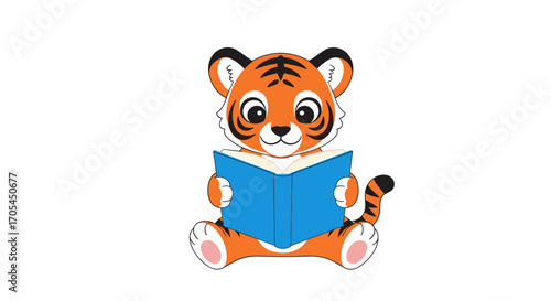 Cute cartoon tiger cub reading a book.