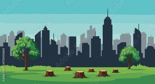 Deforestation in urban environment with city skyline and tree stumps.