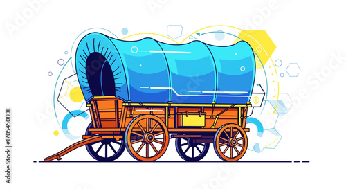 Vintage Covered Wagon Illustration with Blue Canvas Top.
