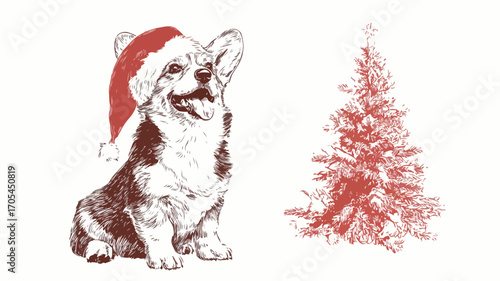 Corgi Dog Wearing Santa Hat in Front of Christmas Tree