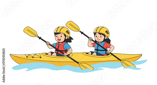 Two children wearing helmets and life vests kayaking together on a yellow kayak.