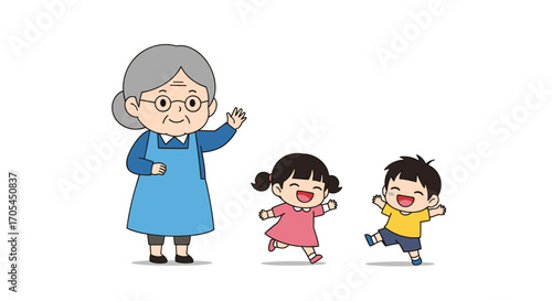 Grandmother with two happy children playing together.
