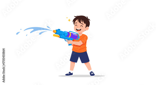A happy boy playing with a water gun on a white background.